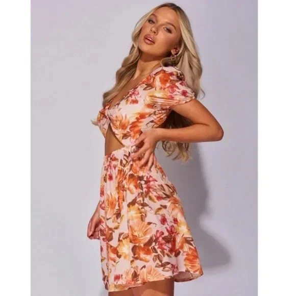 Brown Floral Print Short Sleeve V-Neck Cutout Open Back Mini Dress - Picture 3 of 12